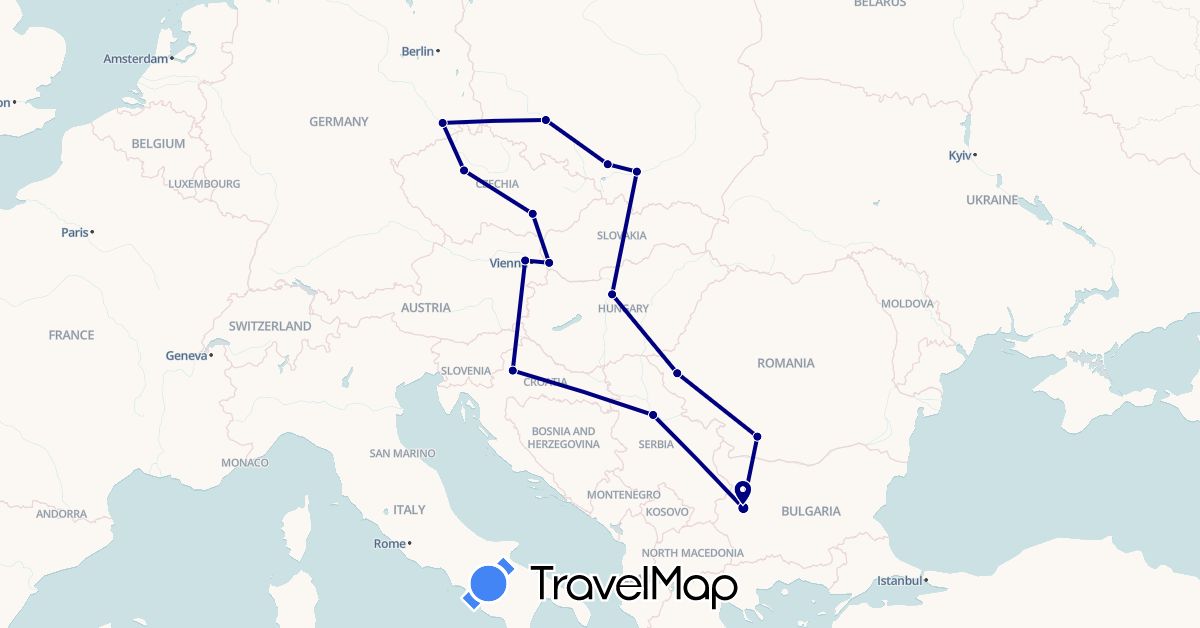 TravelMap itinerary: driving in Austria, Bulgaria, Czech Republic, Germany, Croatia, Hungary, Poland, Romania, Serbia, Slovakia (Europe)